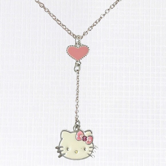 Hello Kitty Avon Necklace Pink Silver Tone Y Lariat Cat Pendant Heart Charm NRT - Picture 6 of 6